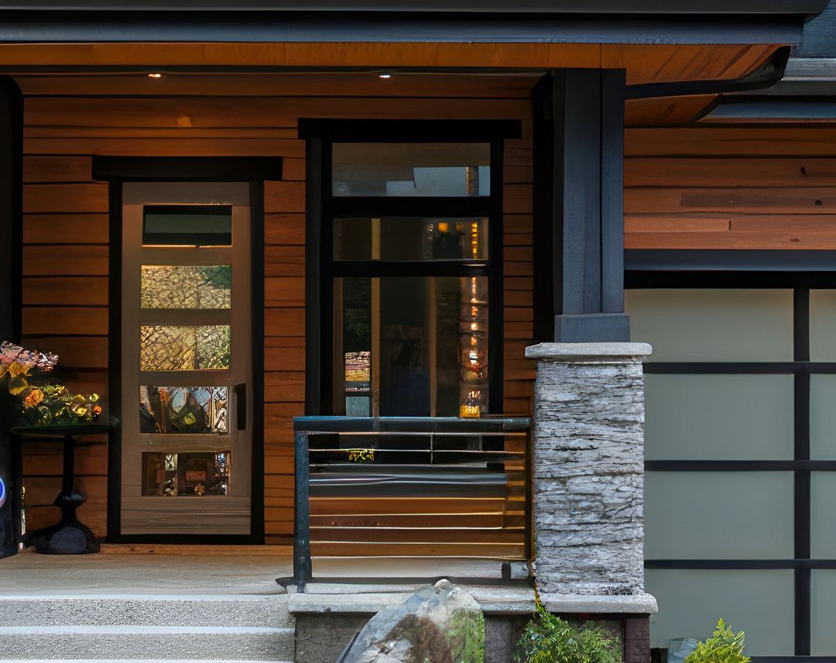 Covered front entry with a wood-and-glass door, cedar siding and stone column