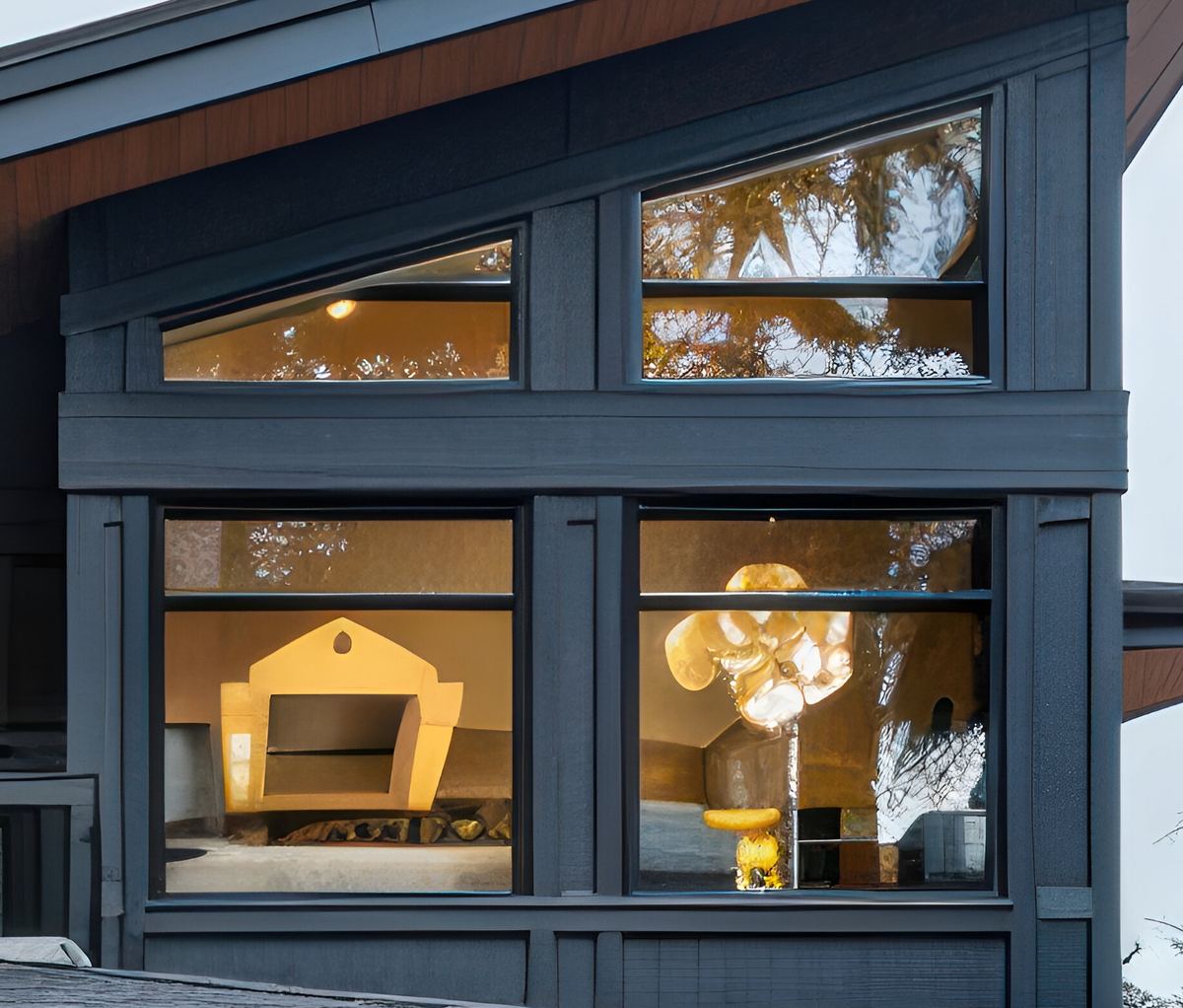 Large dark-framed windows glowing with warm interior light