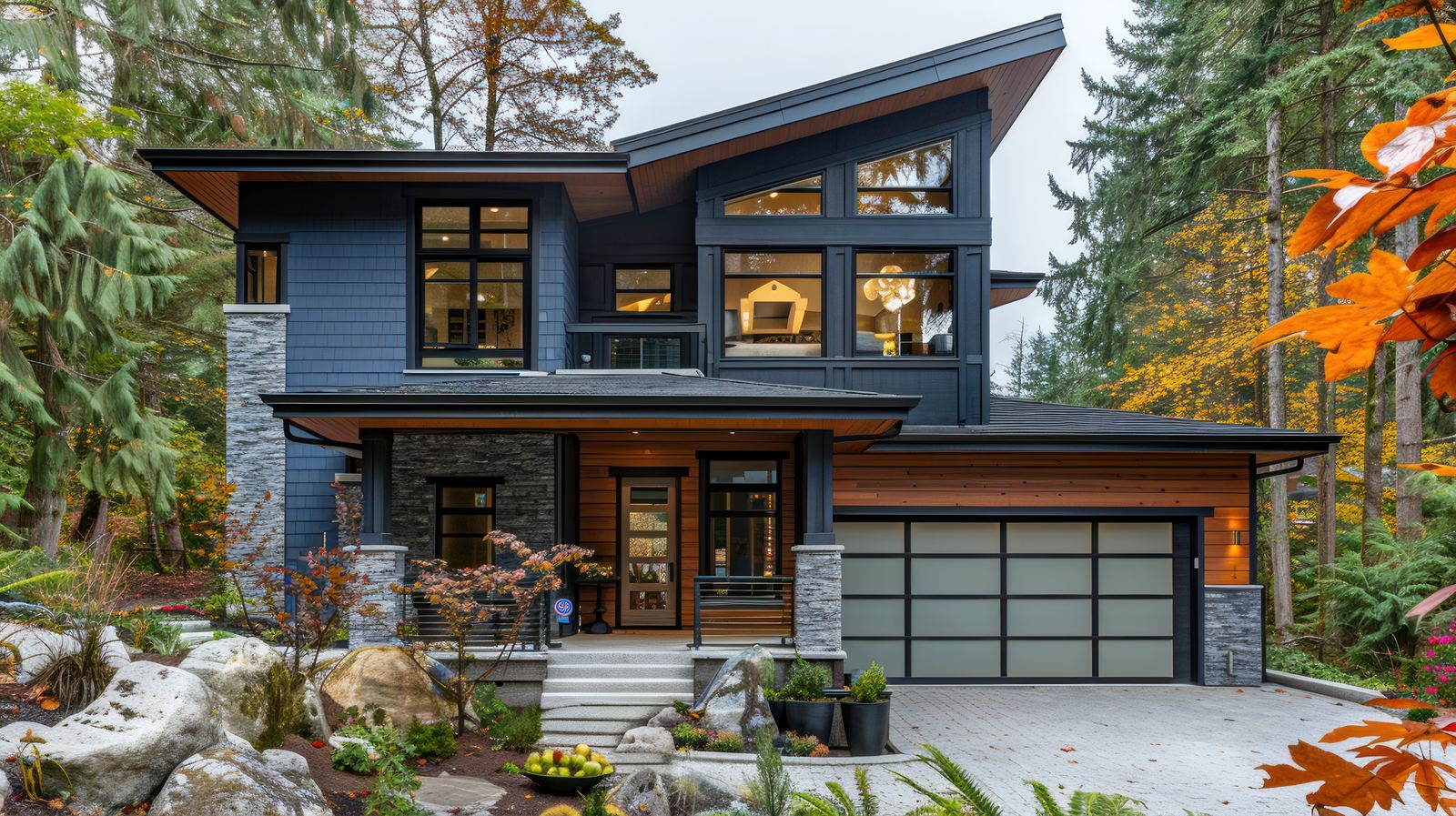 Modern two-story home with dark siding, cedar accents and a stone-lined garden, framed by autumn trees